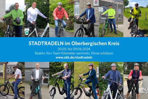 Landrat Jochen Hagt und die Bürgermeisterinnen und Bürgermeister der Kommunen werben für das STADTRADELN 2024. (Collage: OBK, Fotos: OBK, Kommunen)